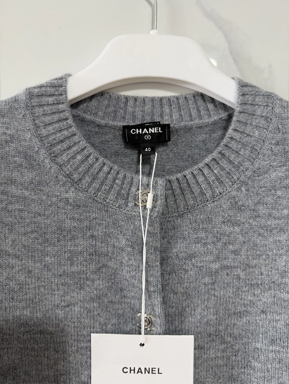 Chanel Gray Crewneck Cashmere Blend Cardigan Sweater